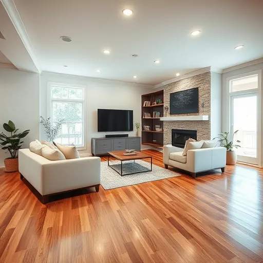 Renovated modern basement in Port St. Lucie featuring hardwood floors, sectional sofas, a fireplace, and stylish decor