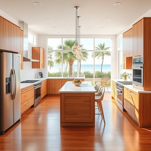 Beautiful renovated Vero Beach kitchen with quartz countertops stainless steel appliances and ocean view