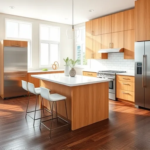 Remodeled Stuart Florida kitchen with oak cabinets stainless steel appliances quartz countertops and dark hardwood floors