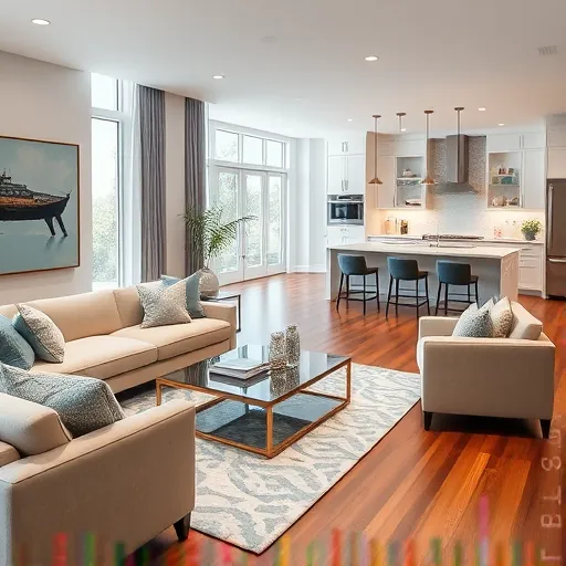 Modern living room in Royal Palm Beach FL featuring stylish furniture, coastal decor, and a remodeled kitchen backdrop.