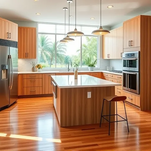 Recently remodeled Port St. Lucie kitchen with modern wood cabinets stainless steel appliances quartz island large windows hardwood floors and tropical view