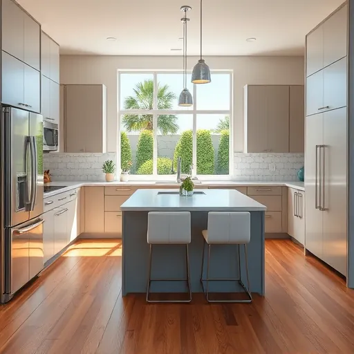 Modern remodeled kitchen in Port St. Lucie with sleek matte cabinets stainless steel appliances quartz countertops and lush backyard views