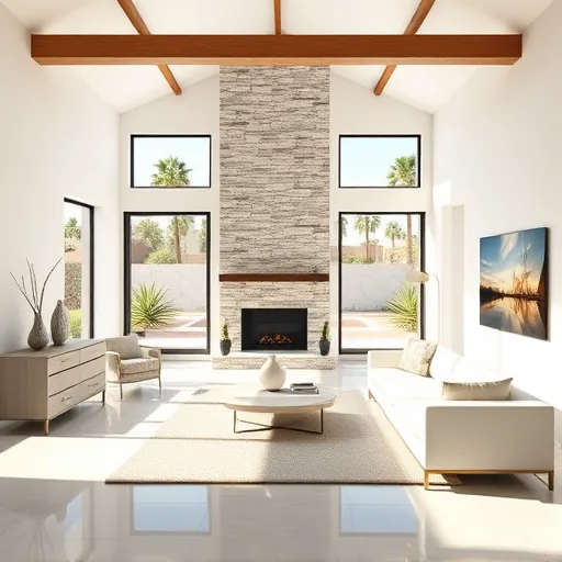 Spacious Palm Springs living area featuring minimalist design, high ceilings, natural light, and a modern fireplace.