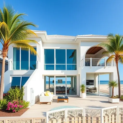 Renovated coastal home in Ocean Ridge FL features light facade, large windows, wraparound porch, and tropical landscaping.
