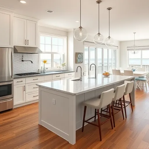 Renovated Riviera Beach Florida kitchen with modern cabinetry, marble island, stainless steel appliances, natural light, coastal accents, hardwood floors