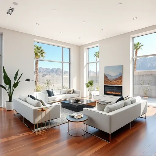 Modern living room in Palm Springs featuring sleek furniture, large windows, and a chic fireplace with natural light.