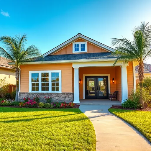Restored Port St. Lucie home with vibrant siding, lush lawn, flowering plants, stylish porch, tropical landscaping, and sunny sky