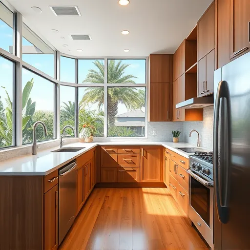 Renovated modern kitchen in Sebastian FL with stainless steel appliances, quartz counters, custom wood cabinets, and tropical backyard view