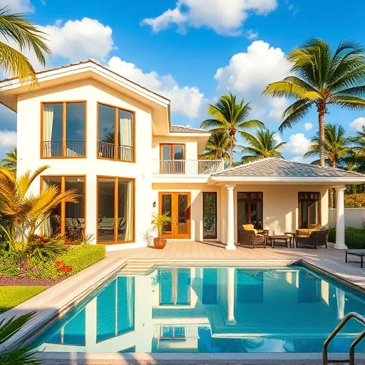 Completed home remodel in Sewall's Point FL, featuring a modern coastal design, lush landscaping, and a gleaming pool.