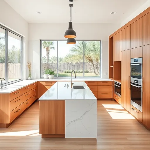 Freshly remodeled kitchen in Vero Beach featuring warm wood cabinetry, quartz countertops, and a spacious island.