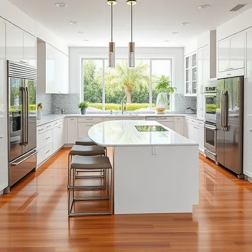 Recently remodeled North Palm Beach kitchen with white cabinets quartz countertops stainless steel appliances marble island hardwood floors and garden view