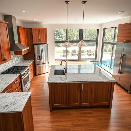 Modern remodeled Boynton Beach kitchen with quartz countertops, custom wood cabinets, stainless steel appliances, hardwood floors, and large windows overlooking a lush backyard and pool