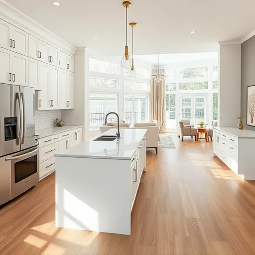 Modern white kitchen with quartz island stainless appliances neutral backsplash natural light open layout