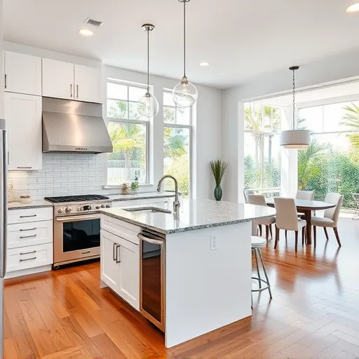 Modern Florida kitchen with white cabinets granite island stainless steel appliances tropical view hardwood flooring open-concept dining area