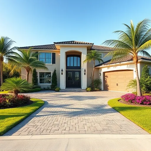 Modern home exterior in Sewall's Point FL featuring stylish facade, large windows, lush landscaping, and stone driveway.