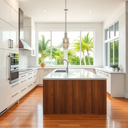 Remodeled Palm Beach Gardens kitchen with white cabinetry quartz counters tropical windows hardwood floors