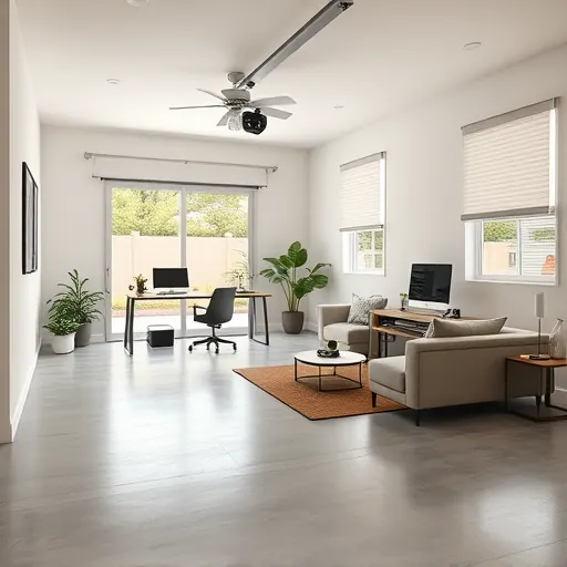 Pristine garage conversion in Port St. Lucie featuring modern design, polished concrete flooring, stylish work and lounge areas, natural light, and lush backyard views