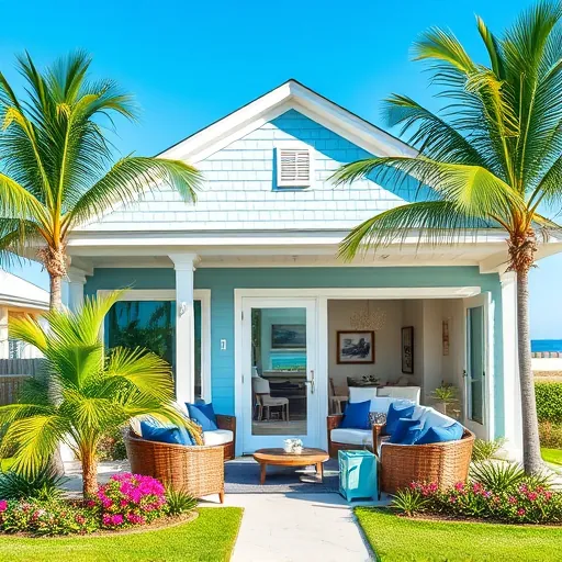 Beautifully remodeled coastal home in Palm Beach Shores with light blue siding, lush landscaping, and elegant outdoor decor.