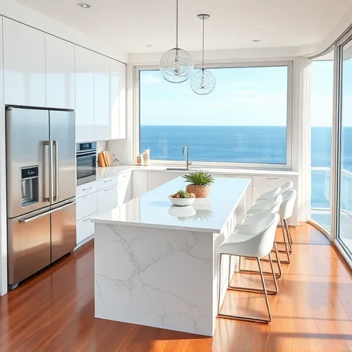 Remodeled Singer Island FL kitchen with white cabinetry, marble countertops, ocean view, hardwood floors, and modern appliances