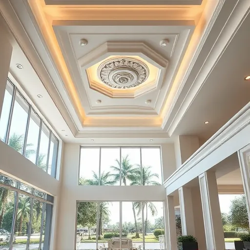 Custom ceiling installation with layered moldings and recessed lighting in a modern upscale interior overlooking Port St. Lucie greenery