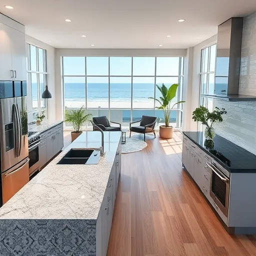 Modern kitchen remodel in Jensen Beach FL featuring granite countertops, stainless appliances, and spacious living area.