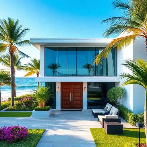 Luxurious beachfront home in Singer Island, FL, featuring modern architecture and tropical landscaping by the ocean.