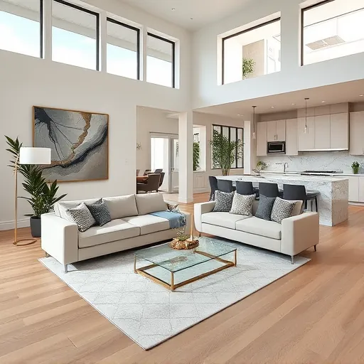 Modern living room in North Palm Beach remodel, featuring open layout, high ceilings, large windows, and sophisticated decor.