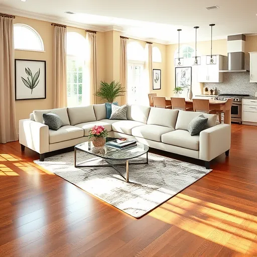 Modern living room remodeling in Port St. Lucie features hardwood floors, neutral sectional, and open kitchen with granite counters.
