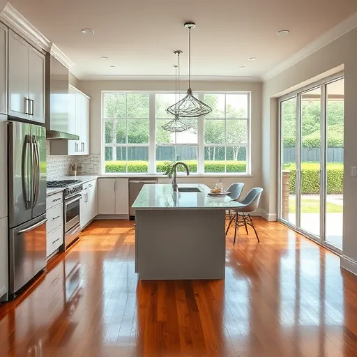 Remodeled modern kitchen in Loxahatchee Groves FL with stainless steel appliances quartz countertops custom cabinetry spacious layout island pendant lighting large windows outdoor view polished wood floors neutral walls backsplash tiles lush outdoor landscape