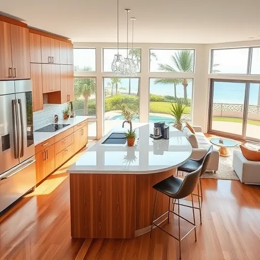 Renovated kitchen in Jensen Beach with modern cabinetry, marble island, and large windows showcasing tropical views.