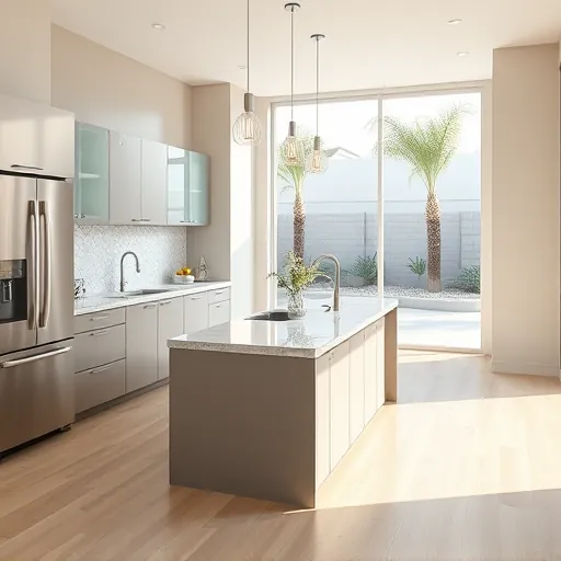 Renovated Palm Springs kitchen with modern cabinetry, stainless steel appliances, quartz countertops, and inviting ambiance.