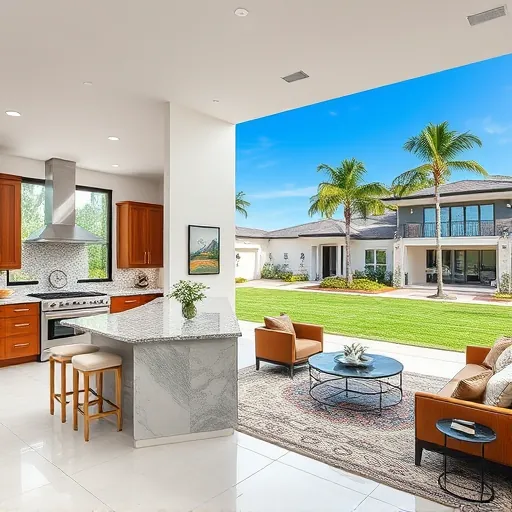Completed home remodeling in Palm Beach Gardens showcasing a modern kitchen and stylish living room with elegant decor.