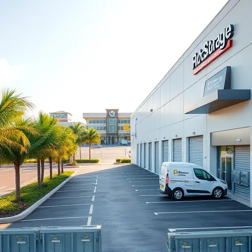 Modern storage facility in Port St. Lucie Florida with organized units, lush tropical landscaping, clear signage, and accessible parking