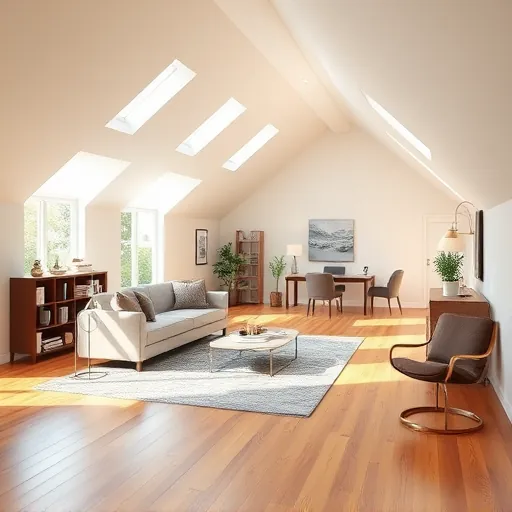 Spacious attic conversion in Port St Lucie FL featuring modern furnishings, large windows, hardwood floors, cozy seating, and stylish decor