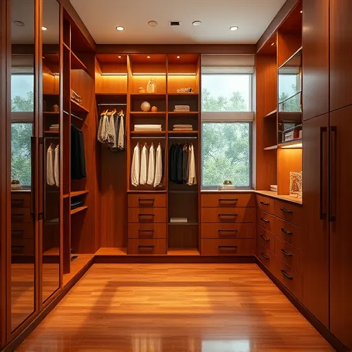Custom Port St. Lucie closet with elegant wooden cabinetry, modern hardware, organized shelves, drawers, and warm lighting