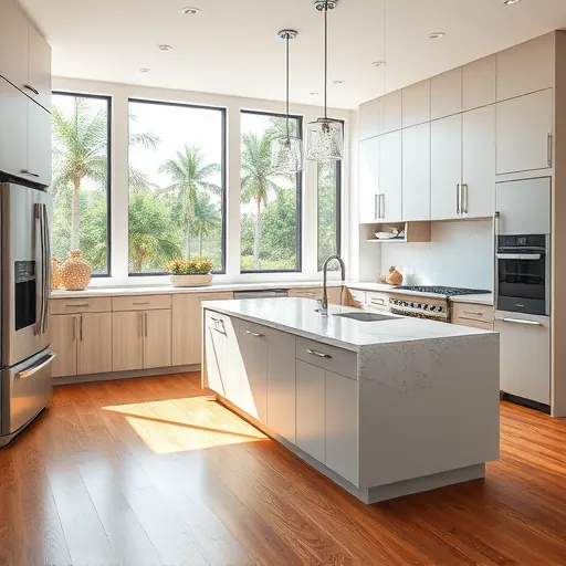 Remodeled North River Shores FL kitchen with sleek matte cabinets, stainless steel appliances, marble island, hardwood floors, and tropical views
