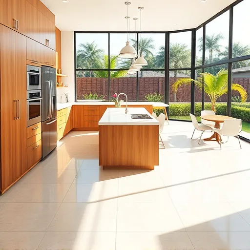 Remodeled Florida kitchen with modern appliances, custom wood cabinetry, spacious quartz island, natural light, tropical views.