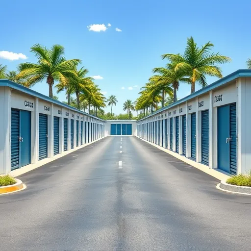 Modern Port St. Lucie storage facility with colorful labeled units, outdoor lot, palm trees, sunny sky, and secure features