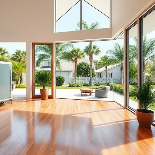 Modern home addition in Port St. Lucie FL with large windows, tropical landscaping, outdoor patio, and sleek interior design
