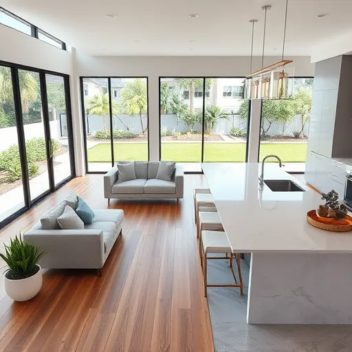 Open-concept remodeled living space in Port St. Lucie FL with modern design, large windows, tropical backyard, sleek kitchen