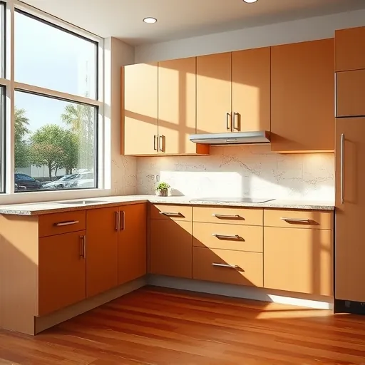 Completed modern kitchen cabinet installation in Port St. Lucie with matte earthy cabinets, quartz countertops, and polished hardwood floors