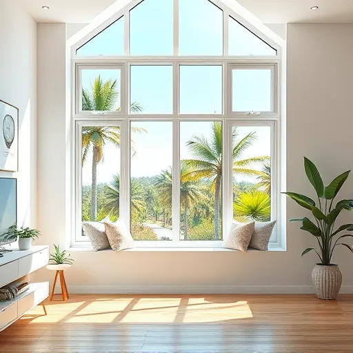 Bright living room with large modern window showing vibrant Florida tropical landscape and sunny sky