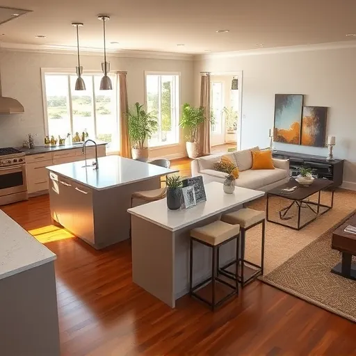Modern home remodeling in Stuart FL featuring quartz kitchen, stylish living room, hardwood floors and serene views.