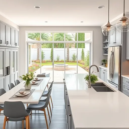 Renovated kitchen in River Park, featuring gray cabinetry, quartz island, and natural light illuminating the serene backyard.