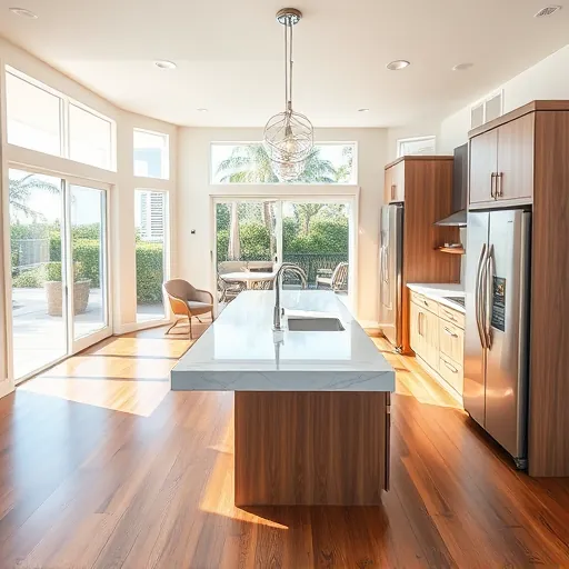 Remodeled Jensen Beach kitchen with quartz countertops stainless-steel appliances sleek cabinetry island hardwood floors and coastal views