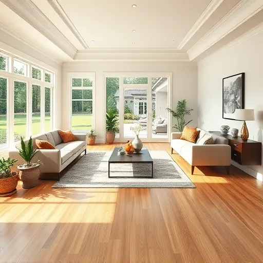 Freshly renovated Port St. Lucie living room with modern furnishings, hardwood floors, sunlight, and landscaped backyard.