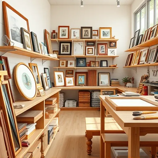 Pristine framing workshop in Port St Lucie featuring organized shelves, craft materials, tools, natural light, and polished workspace