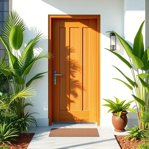 Modern Florida home entryway with a stylish wooden door, glass panel, polished hardware, lush greenery, and welcoming landscaping