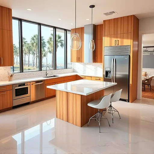 Beautiful remodeled kitchen in Indian River Shores with modern wood cabinets, quartz island, stainless appliances, nautical backsplash, and lush tropical view
