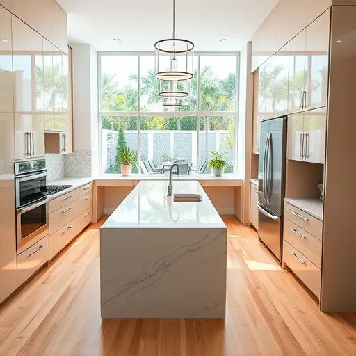 Renovated Boynton Beach FL kitchen with sleek cabinets, granite counters, stainless appliances, large windows, tropical garden view